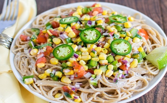 Almond Sauce Spaghetti with Corn Salsa