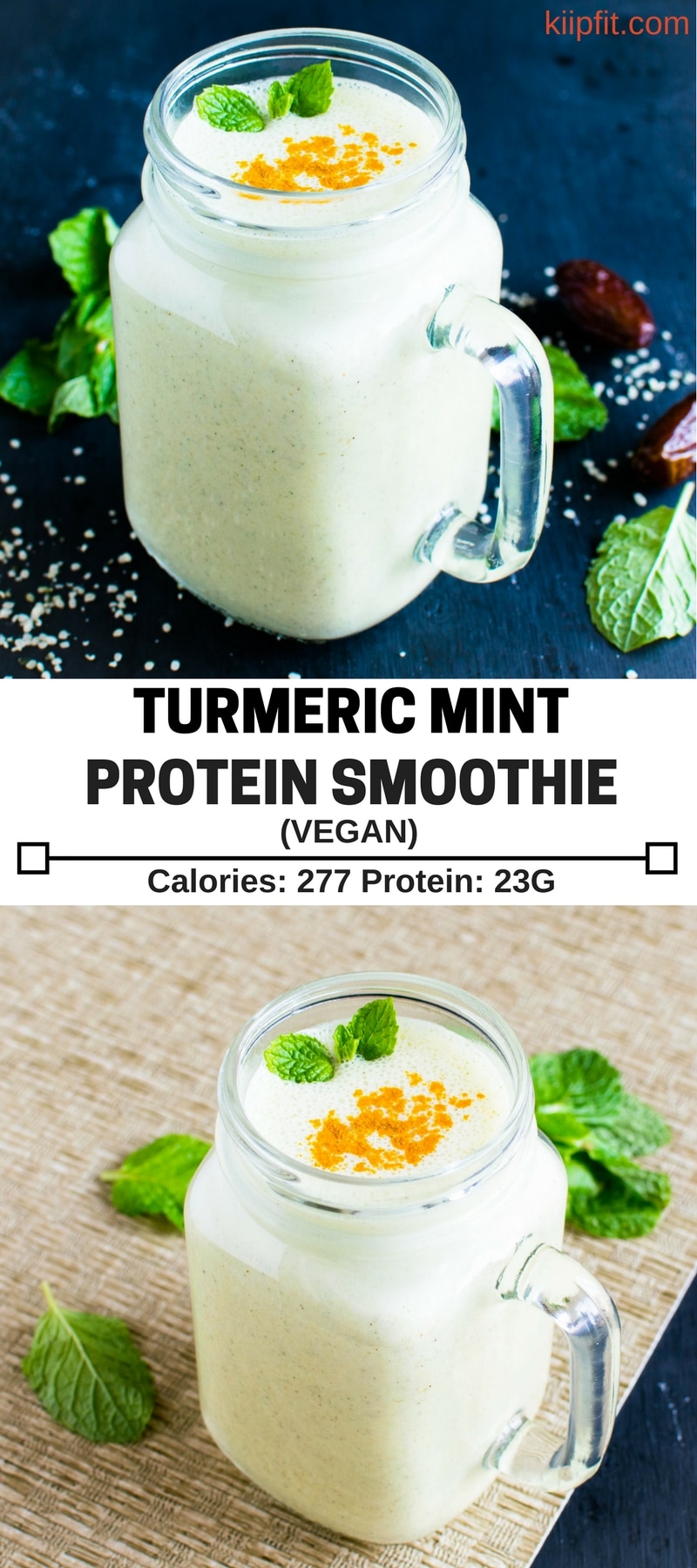 Turmeric Mint Protein Smoothie is a perfect post work recovery smoothie. This smoothie  is packed with 15g of fiber and 23g of protein. It's the creamiest anti - inflammatory beverage [ vegan + GF + Paleo ] kiipfit.com