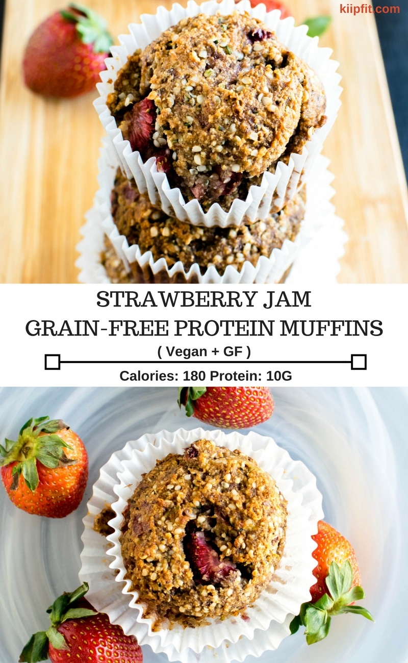 Strawberry Jam Vegan Protein Muffins are protein rich and guilt-free sweet treats that serves for a healthy breakfast too. These super nutritious muffins serve amazingly well as pre-workout snacks too [ oil free + paleo + GF ] kiipfit.com